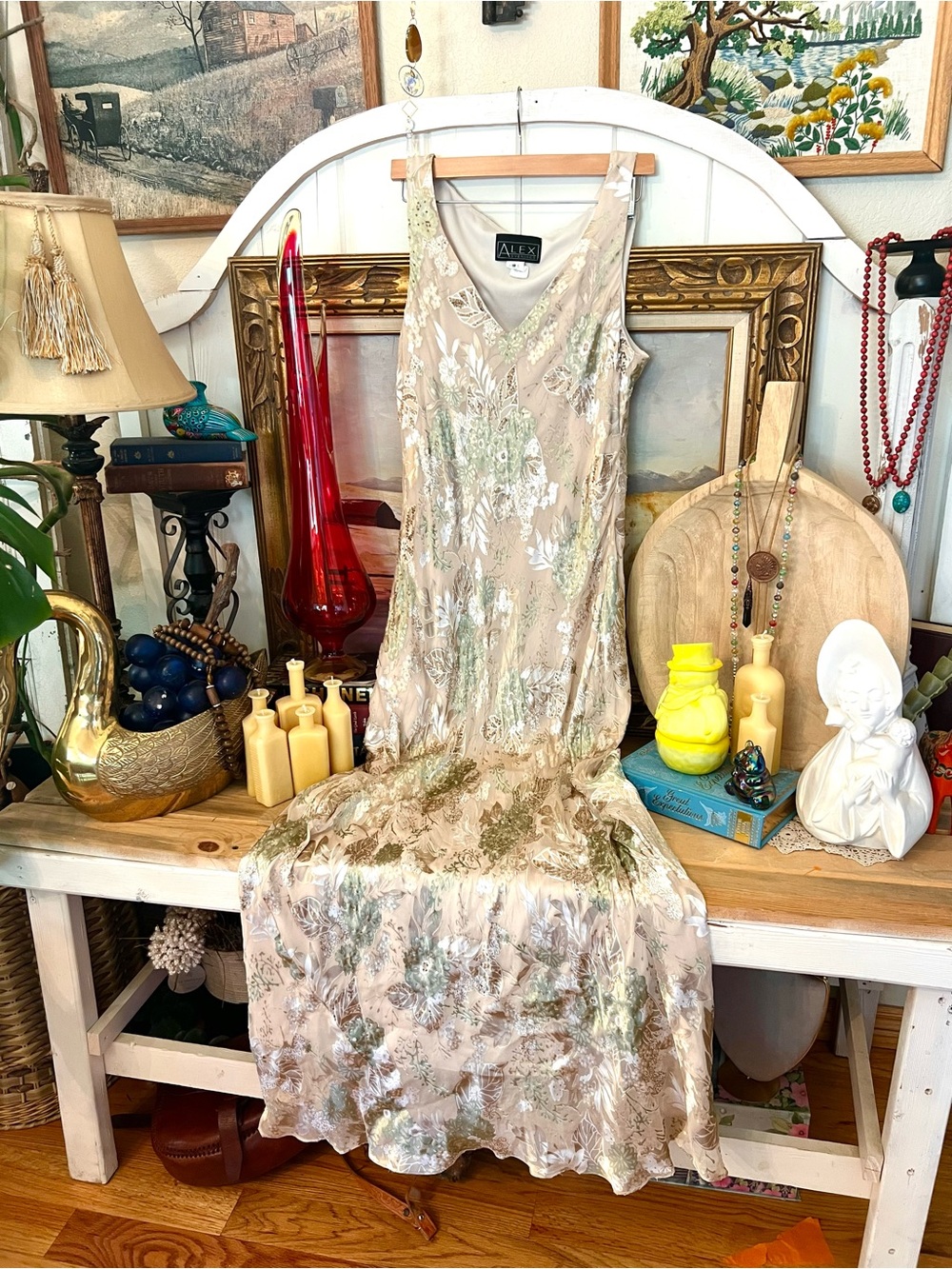 Vintage Alex Evenings Sequin Floral Lace Beaded Formal Gown Dress Size 18 Euro - Picture 8 of 13